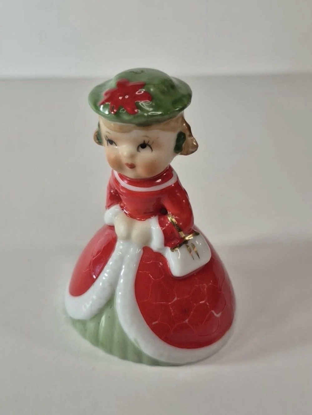 Lefton Christmas Girl Bell Figurine MCM 1950s Vintage Shopper Girl in Red Dress